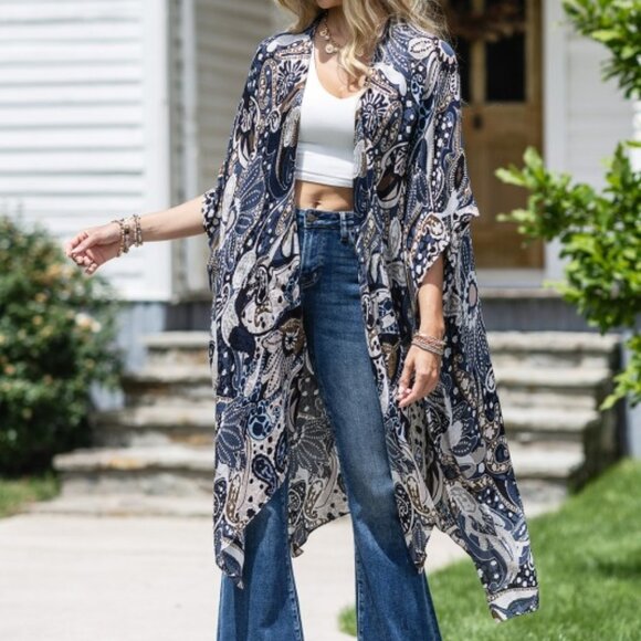 Bohemian Blue Paisley Jacquard Print Kimono Cardigan One Size - Picture 1 of 9